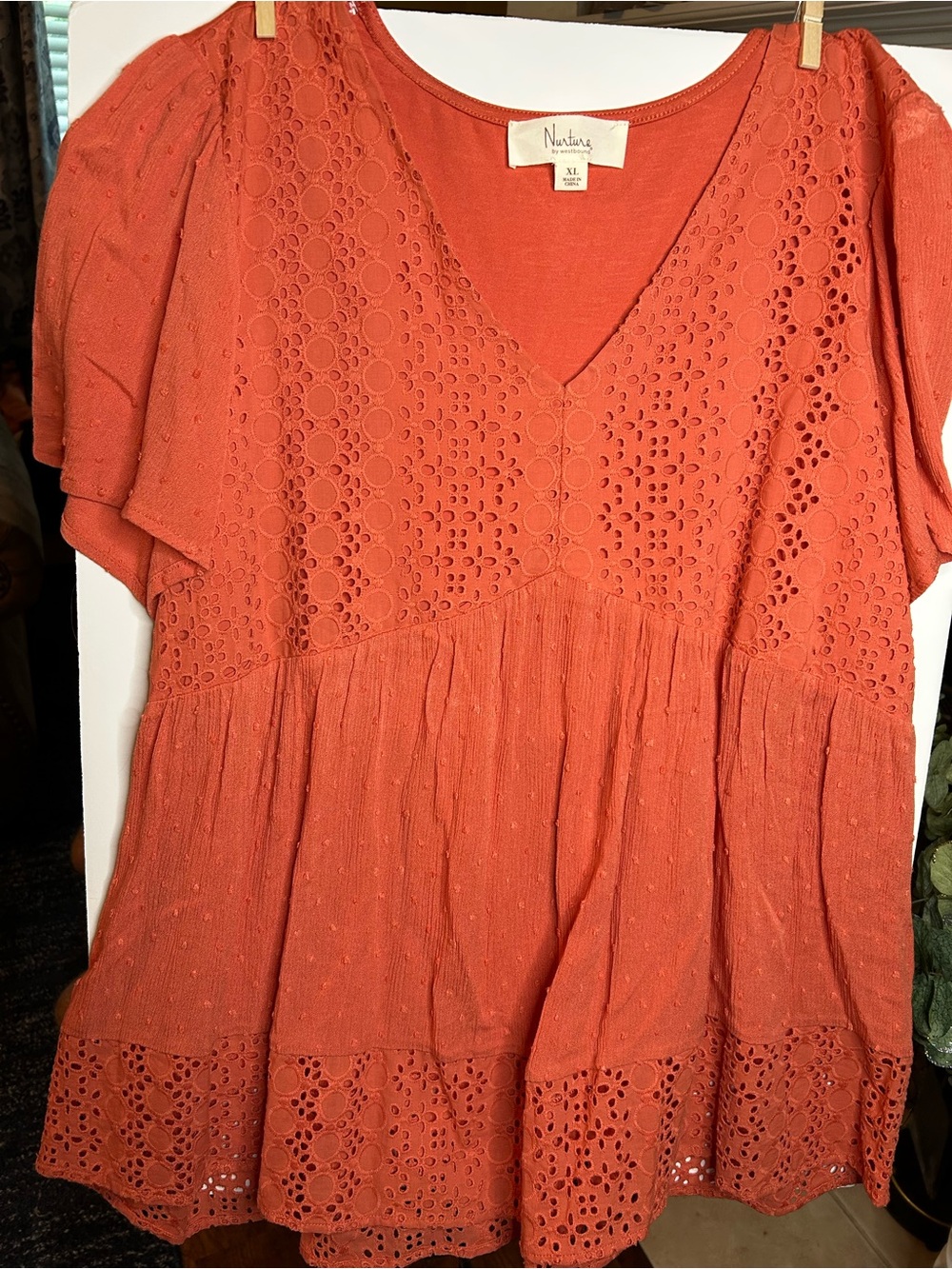 Westbound Coral Eyelet Tiered V-Neck Tunic
